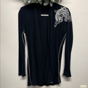 Enti Wool Blend Open Cardigan Embroidered Contrast Stitching Shawl Collar M